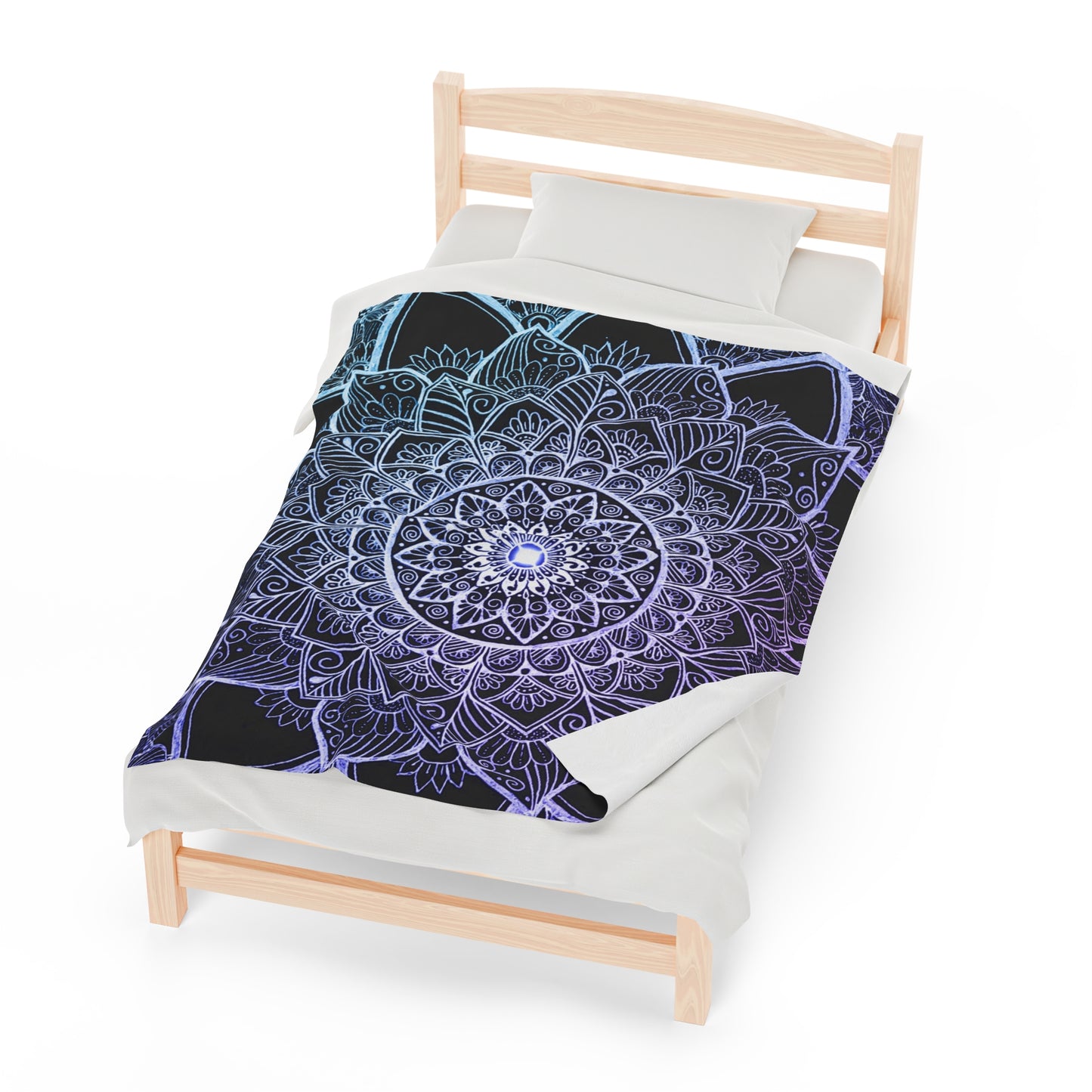 Velveteen Plush Blanket Art Print Handdrawn Floral Mandala Light blue Lavender purple
