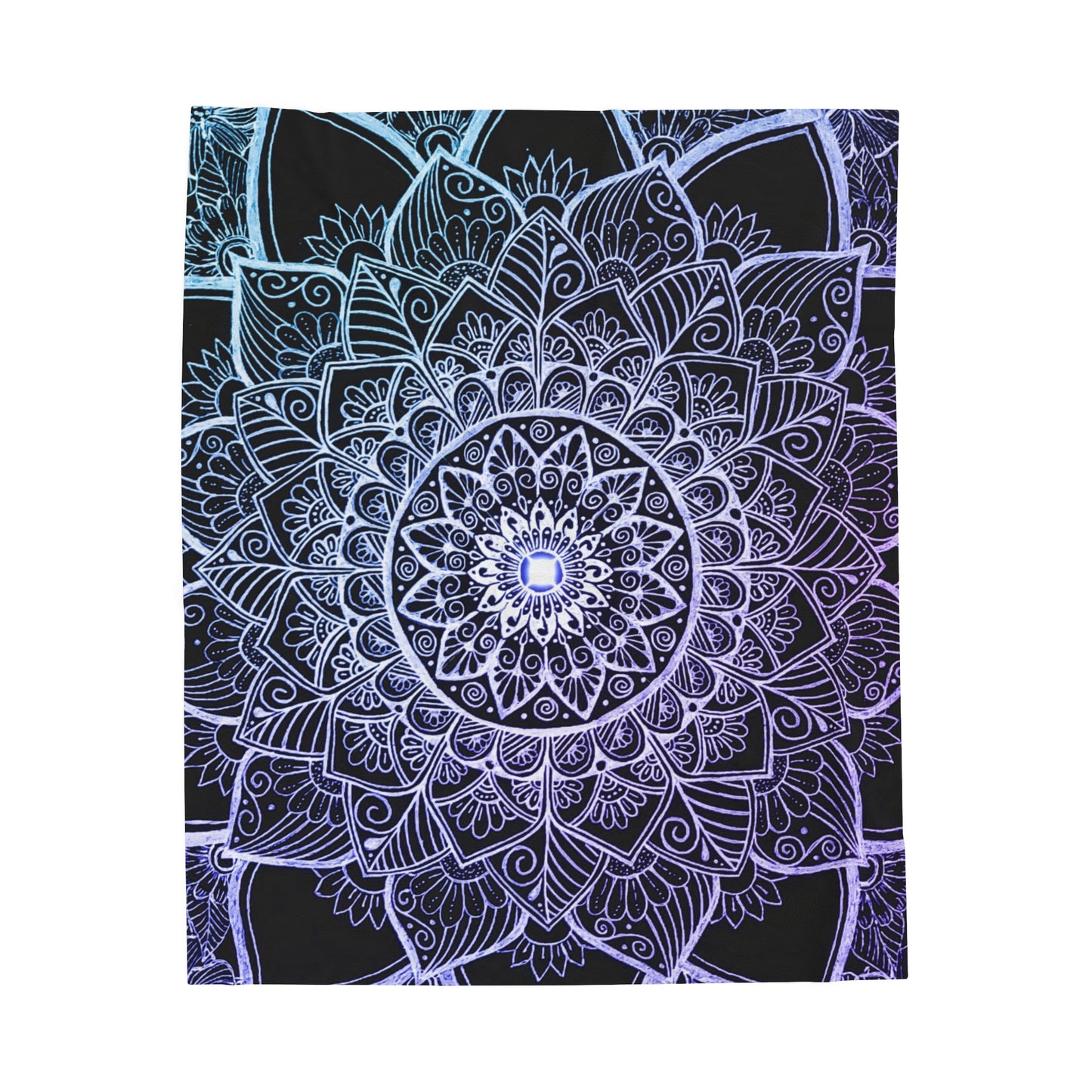Velveteen Plush Blanket Art Print Handdrawn Floral Mandala Light blue Lavender purple