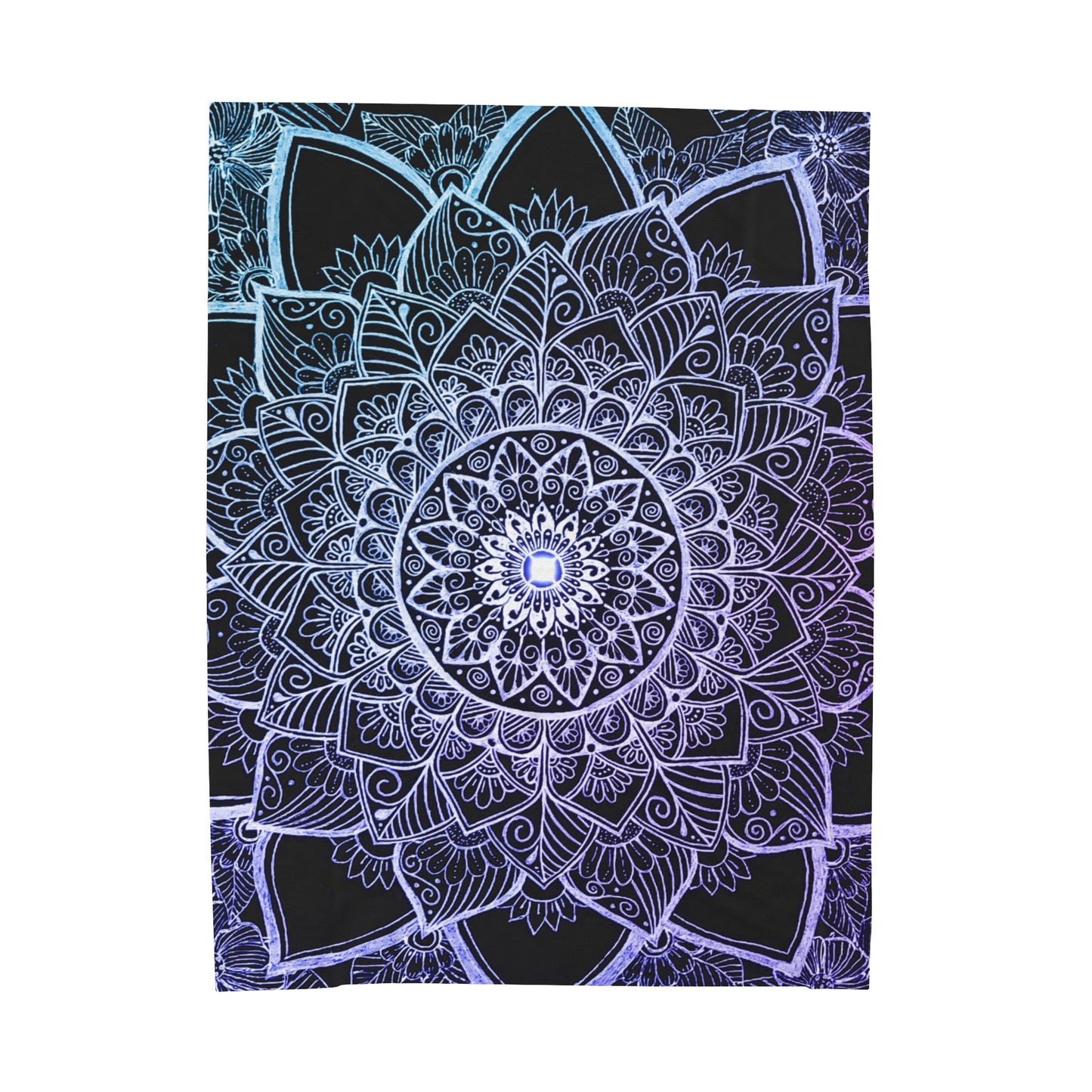 Velveteen Plush Blanket Art Print Handdrawn Floral Mandala Light blue Lavender purple