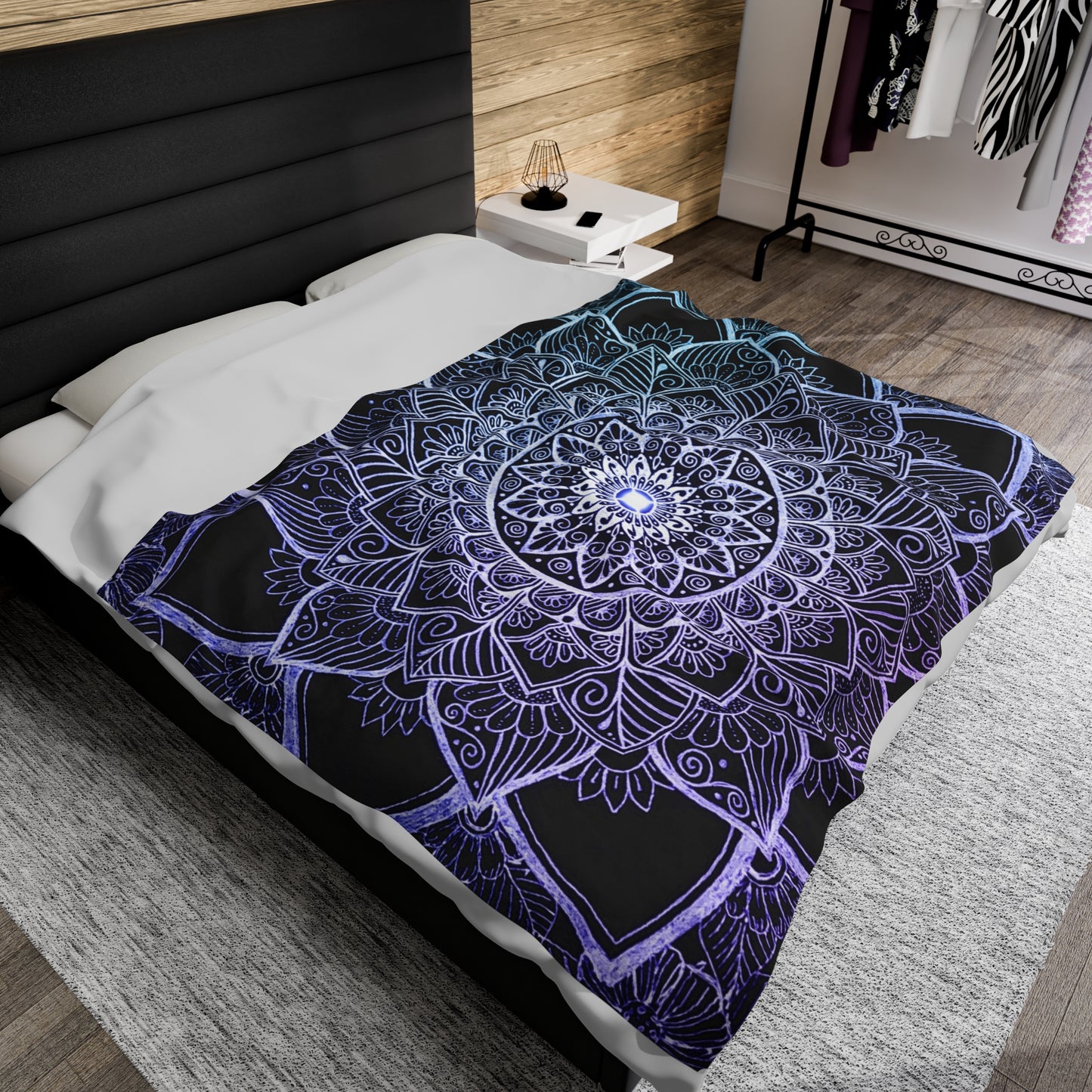 Velveteen Plush Blanket Art Print Handdrawn Floral Mandala Light blue Lavender purple