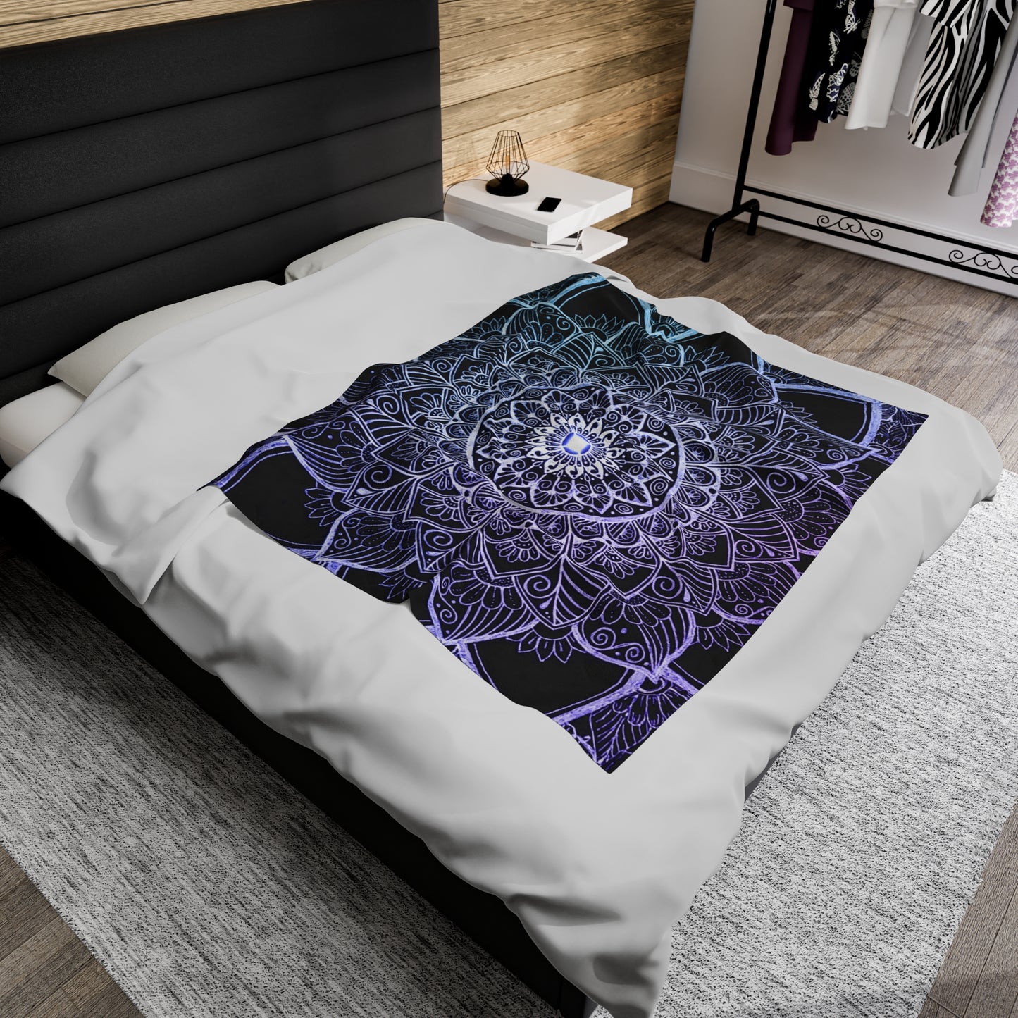 Velveteen Plush Blanket Art Print Handdrawn Floral Mandala Light blue Lavender purple