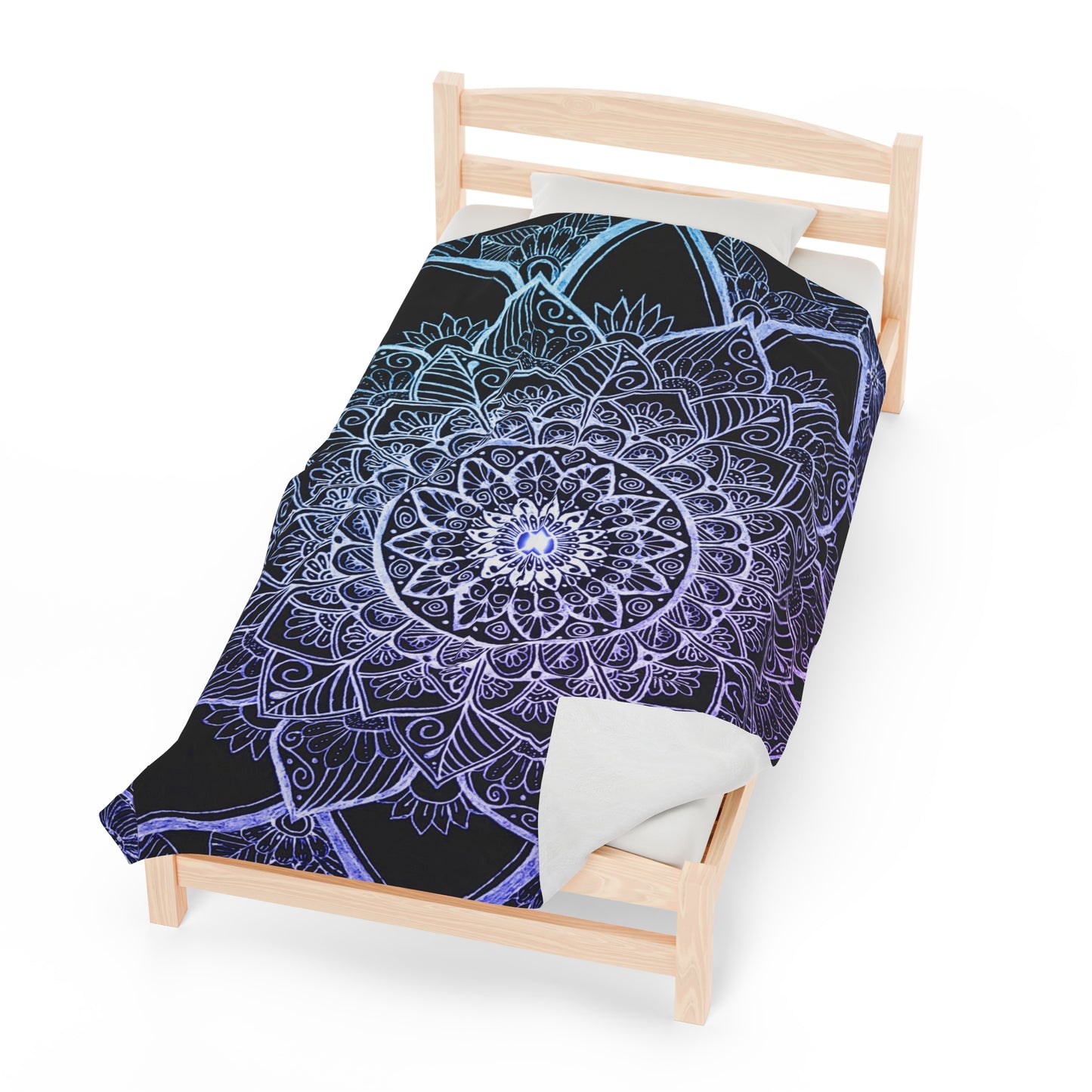Velveteen Plush Blanket Art Print Handdrawn Floral Mandala Light blue Lavender purple
