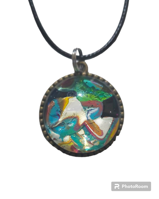 Tropic Carnival Fluidart Glass pendant One-of-a-kind Abstract Necklace Charm with Corded necklace