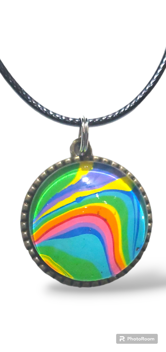 Rainbow Wave Fluidart Pendant  Fluidart Glass pendant One-of-a-kind Abstract Necklace Charm with Corded necklace