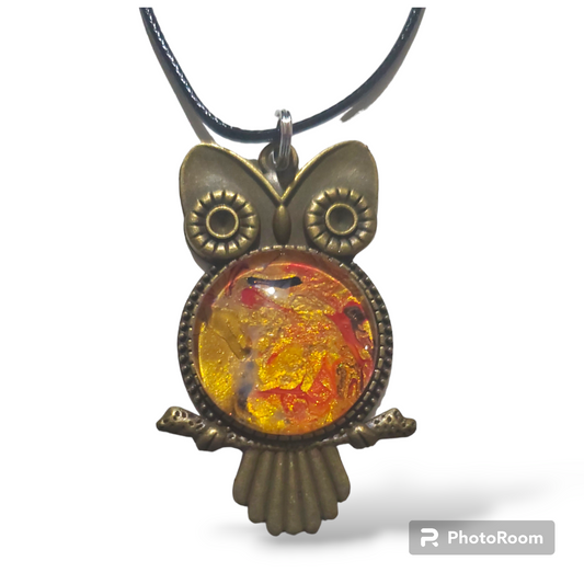 Abstract Fluidartwork Necklace One-of-a-kind Owl Pendent Red Orange Black Gold Daily Casual Fun