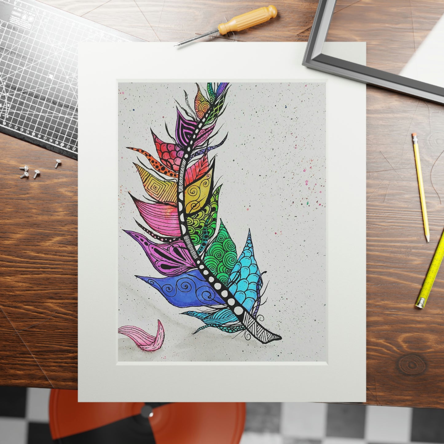 Zendoodle Feather Fine Art Print (Passepartout Paper Frame)